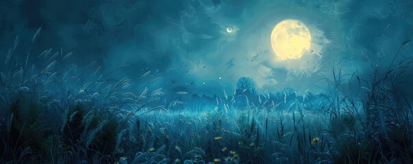 Illuminated by the ethereal glow of fireflies under a full moon, a mystical night in the forest creates a scene of natural magic and wonder. - obrazy, fototapety, plakaty