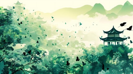 a landscape with pagoda and green mountain illustration poster background