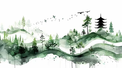 Selbstklebende Fototapete Schmetterlinge im Grunge a landscape with pagoda and green mountain illustration poster background
