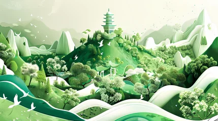 Rideaux velours Papillons en grunge a landscape with pagoda and green mountain illustration poster background