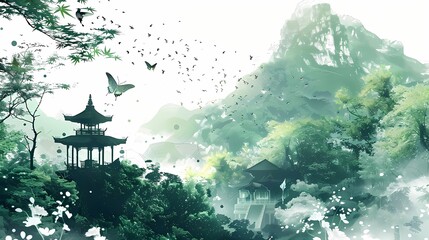 a landscape with pagoda and green mountain illustration poster background