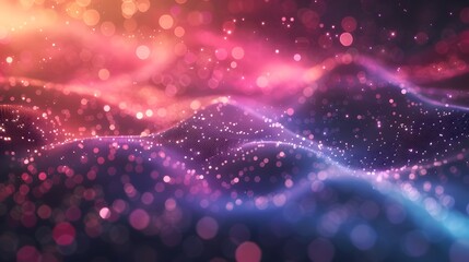 3D landscape and big data visualization. A network of dots connected by lines creates an abstract digital background. Purple color scheme. Suitable for high-tech backgrounds