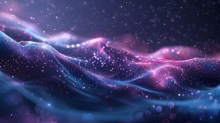 3D landscape and big data visualization. A network of dots connected by lines creates an abstract digital background. Purple color scheme. Suitable for high-tech backgrounds