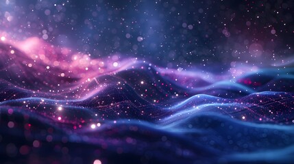 3D landscape and big data visualization. A network of dots connected by lines creates an abstract digital background. Purple color scheme. Suitable for high-tech backgrounds - obrazy, fototapety, plakaty