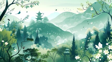 Fototapeta na wymiar a landscape with pagoda and green mountain illustration poster background
