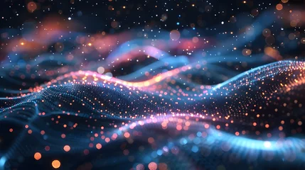 Draagtas 3D landscape and big data visualization. A network of dots connected by lines creates an abstract digital background. Purple color scheme. Suitable for high-tech backgrounds © horizor