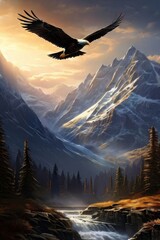 Eagle flying in the mountains. 3d render illustration, AI Generated