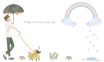 雨降りに犬を散歩させる男性