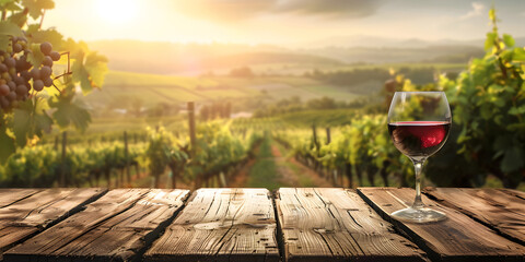 Savoring Red Wine: A glass of red wine on a wooden table with a vineyard background. - obrazy, fototapety, plakaty