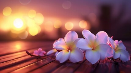 Flowers on a wooden table with a sunset in the background
