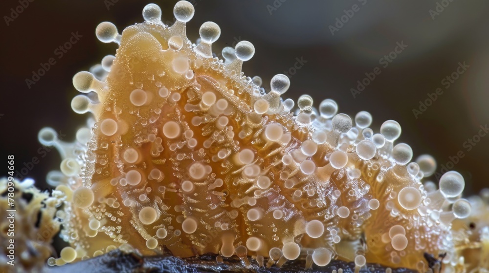 Aufkleber a magnified view of a single conidium spore revealing its rugged outer surface and elongated shape. 