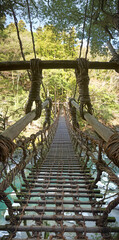 Walking on Kazurabashi rope bridge on Shikoku, Japan