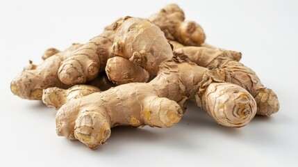Several ginger pieces on white surface