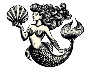 Vintage mermaid tattoo.  Transparent background. © jimbocymru