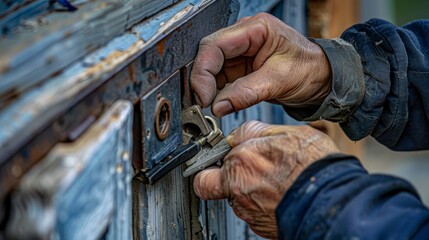 Expert locksmith at work, close-up on hands replacing a window hasp with a new barrel bolt, showcasing installation expertise - obrazy, fototapety, plakaty