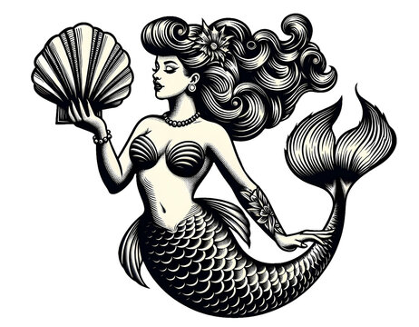 Vintage mermaid tattoo.  Transparent background.