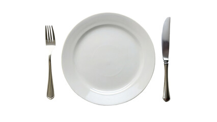 Empty plate with fork and knife isolated on transparent background
