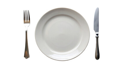 Empty plate with fork and knife isolated on transparent background