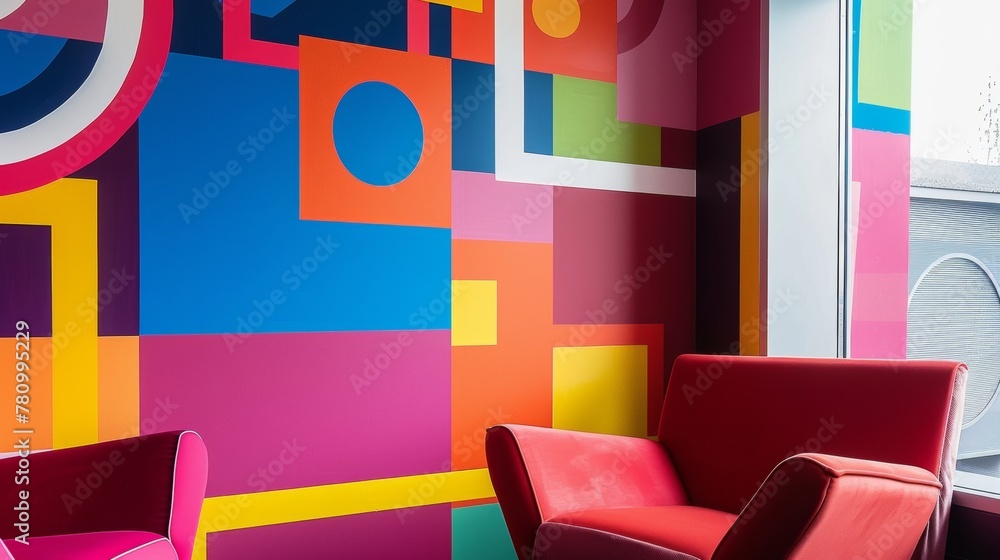 Poster a playful mural of overlapping squares and rectangles in bright primary colors covers one wall addin