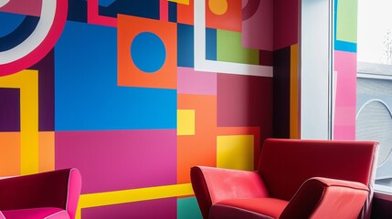 A playful mural of overlapping squares and rectangles in bright primary colors covers one wall adding a sense of childlike wonder to the room. The geometric shapes are arranged in .