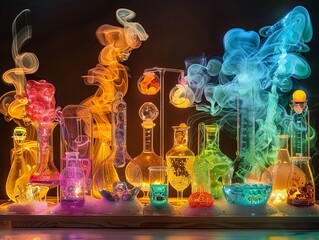 Transform the ordinary into extraordinary with a wide shot of captivating science experiments, featuring explosions of color, swirling patterns, and innovative setups that ignite fascination 