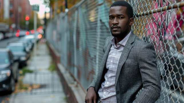 A suave black man leans casually against a chainlink fence his crisp suit jacket perfectly tailored to his muscular frame. In the background the bustling city streets provide a gritty .