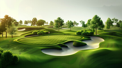  3d illustration of a golf course, greens, fairways, bunkers, sand traps, summer leisure - obrazy, fototapety, plakaty