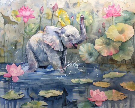 A baby elephant splashing joyfully in a watercolor pond