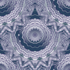 3d silver grey textured embroidery style zigzag mandalas seamless pattern. Vector surface mandalas pattern with zig zag lines, hatches. Modern patterned design. Trendy background. Grunge texture - 780995628
