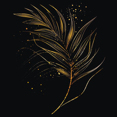 Gold lines minimalist glittery tropical 3d palm branch with leaves, glitters. Textured shiny botanical palm leaves pattern background illustration. Luxury decorative glowing beautiful modern design - 780995632