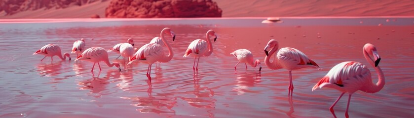 Naklejka premium A flock of flamingos standing in a Martian water reservoir their pink feathers stark against the red soil