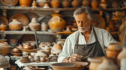 Skilled male artisan creating ceramic pottery on a wheel in a sunny workshop with shelves of clay pots.