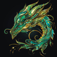 3d Gold green glittery ornamental chinese dragon head pattern background illustration with glowing blinking, glitter. Shiny beautiful textured dragon pattern for tattoo, emblem, logo, prints, design - 780995694