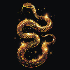 Happy Chinese new year 2025 Zodiac sign, year of the Snake. Glowing glittery blinking ornamental chinese snake with gold glitter. Luxury ornate decorative trendy design for cards, calendars, prints - 780995695
