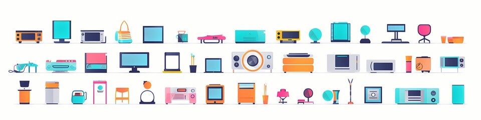 A collection of sleek, minimalistic vector icons representing various devices in vibrant colors on a white solid background - obrazy, fototapety, plakaty