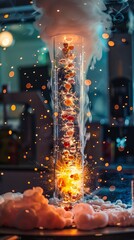 Illustrate the magic of science through a wide shot capturing riveting experiments, such as electrifying sparks, bubbling concoctions, and captivating reactions 
