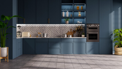 Modern style kitchen interior design with dark blue wall- 3D rendering
