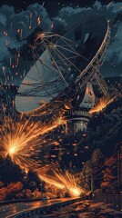 Illustrate a dynamic Dutch Angle graphic of a radio telescope receiving enigmatic signals from the cosmos Show sparks of light emanating from the equipment