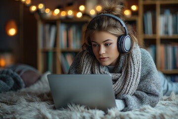 Cozy Winter Evening: Young Woman Relaxing with Laptop and Headphones