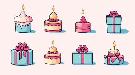 Collection of happy birthday icon vector 2d flat ca