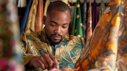 With a focused expression a black man meticulously measures and s luxurious fabric showcasing the meticulous artistry of couture. The rich colors and textures of his masterpiece come . - obrazy, fototapety, plakaty