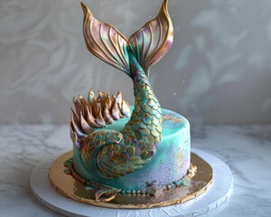 An enchanting mermaid tail cake with shimmering scales and a splash of edible glitter