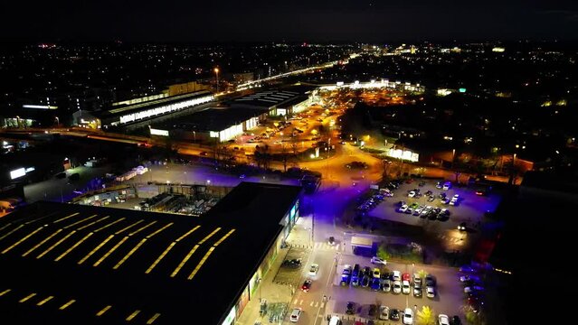 Aerial Footage of Illuminated Central Cambridge City of Cambridgeshire, England UK During Night. March 21st, 2024