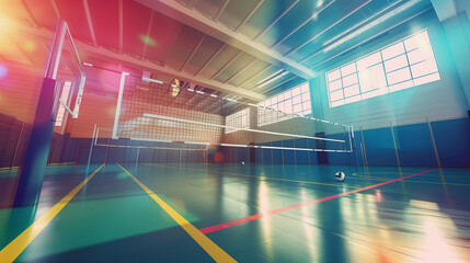 Illuminated indoor volleyball court with sunlight. Tournament. Competition game. Modern art Grainy gradients design concept. Generative Ai