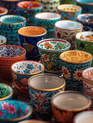 Design an eyecatching image showcasing a collection of cups with intricate designs representing different cultures viewed from over the shoulder The cups should symbolize unity 