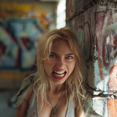 Fototapeta premium Aggressive Woman Growling in Urban Graffiti Setting