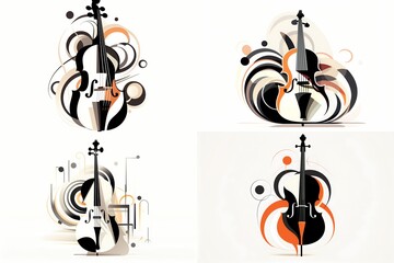 Captivating cello illustration with a modern twist, thick lines, black and white color scheme, flat design, on a solid white background
