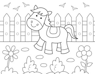cute baby horse easy coloring page for kids. you can print it on standard 8.5x11 inch paper © BaMic illustrations