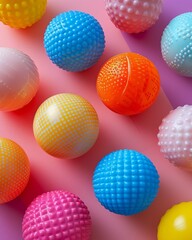 Craft an image with an over the shoulder view focusing on a series of balls arranged in a visually striking pattern Play with lighting and shadows to create depth and emphasize the texture  