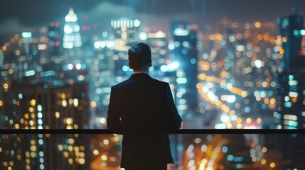 A man in a suit and tie standing on a penthouse balcony gazing out at the glittering city lights as takes a moment to unwind after . . - obrazy, fototapety, plakaty